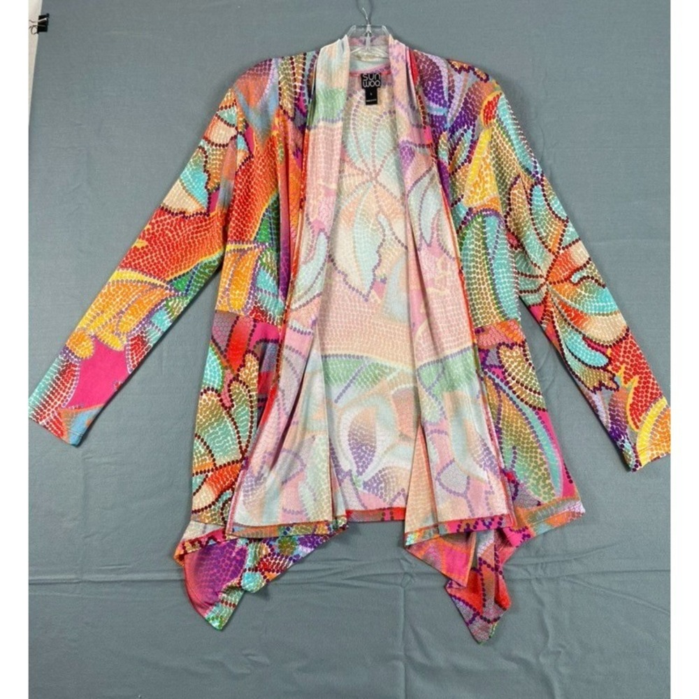 Clara Sun Woo Open Cardigan Sweater Womens L Multicolor Artsy Boho Art to Wear